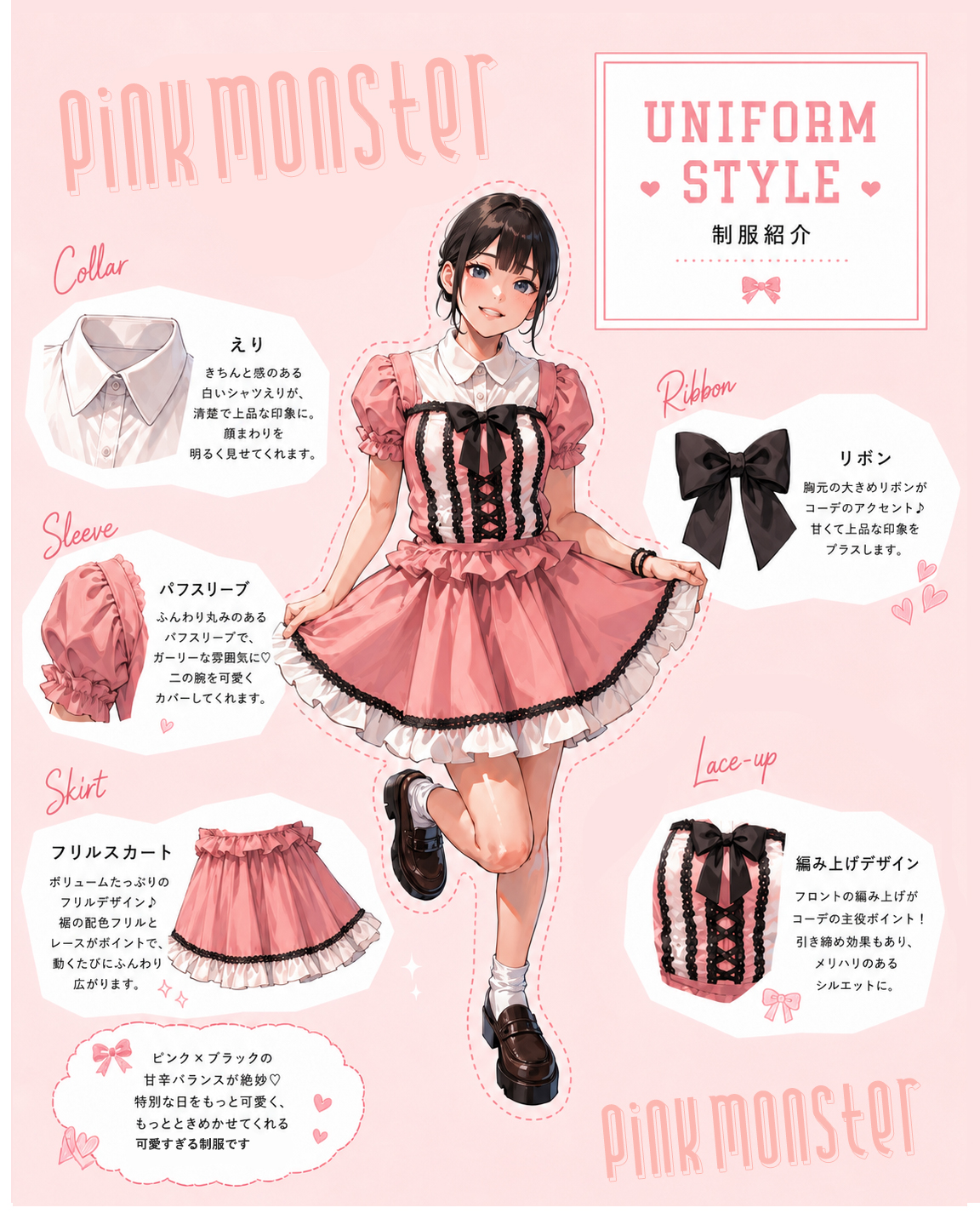 PINK MONSTER 制服紹介 — えり・パフスリーブ・フリルスカート・リボン・編み上げ